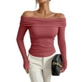 thumbnail image 1 of Women'S Off Shoulder Tops Dressy Casual Slim Fit Long Sleeves Spring Fall Blouse Going Out Shirt Rouge M, 1 of 8
