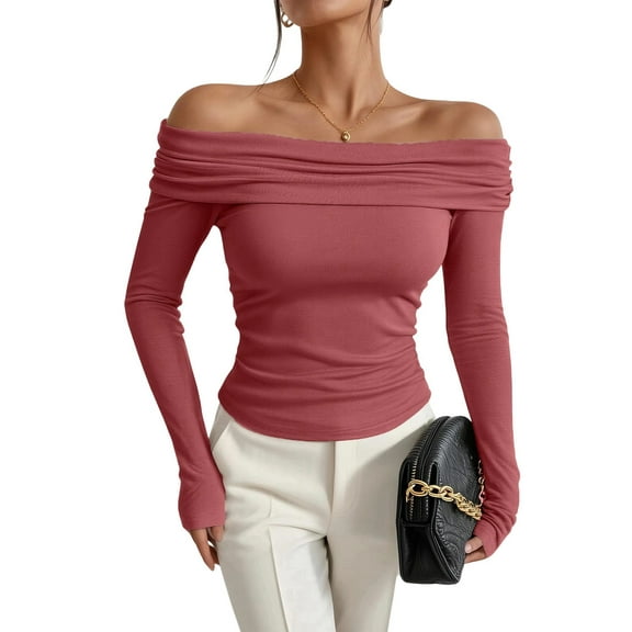 Women'S Off Shoulder Tops Dressy Casual Slim Fit Long Sleeves Spring Fall Blouse Going Out Shirt Rouge M