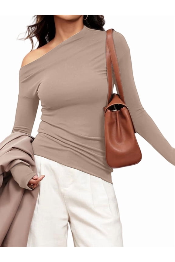 Women'S Off Shoulder Tops Dressy Long Sleeve Asymmetrical Slim Fit Going Out Fall Blouse Ruched Shirts Camel M
