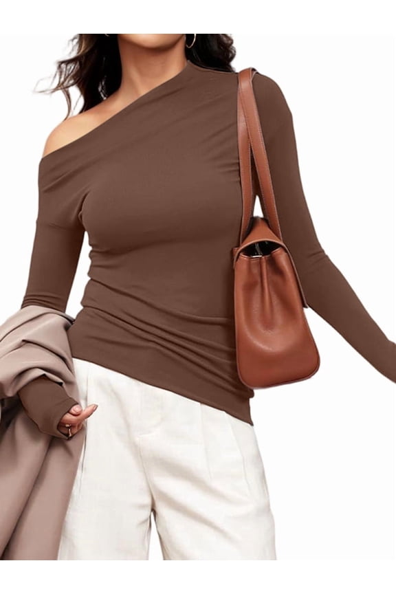 Women'S Off Shoulder Tops Dressy Long Sleeve Asymmetrical Slim Fit Going Out Fall Blouse Ruched Shirts Coffee M