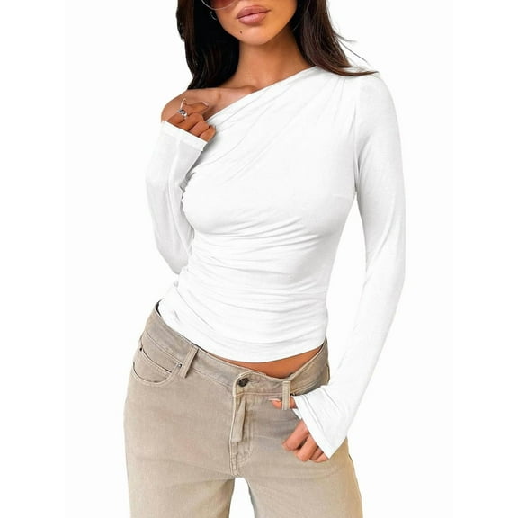 Women'S Off Shoulder Tops Dressy Long Sleeve Asymmetrical Slim Fit Going Out Fall Blouse Ruched Shirts Cream White L