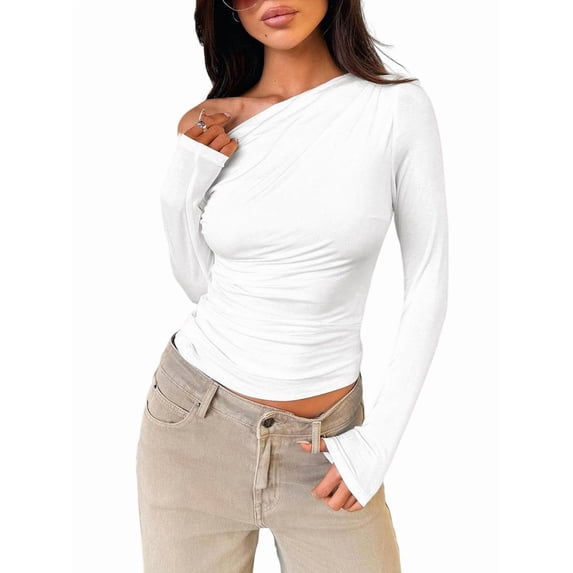 Women'S Off Shoulder Tops Dressy Long Sleeve Asymmetrical Slim Fit Going Out Fall Blouse Ruched Shirts Cream White L