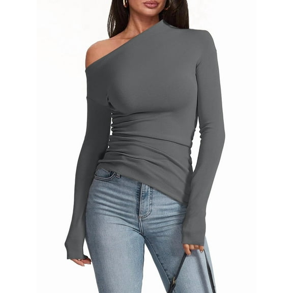 Women'S Off Shoulder Tops Dressy Long Sleeve Asymmetrical Slim Fit Going Out Fall Blouse Ruched Shirts Dark Gray XS