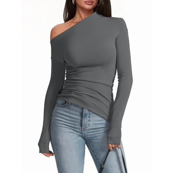 Women'S Off Shoulder Tops Dressy Long Sleeve Asymmetrical Slim Fit Going Out Fall Blouse Ruched Shirts Dark Gray XS