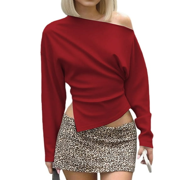 Women'S Off Shoulder Tops Dressy Long Sleeve Asymmetrical Slim Fit Going Out Fall Blouse Ruched Shirts Red L