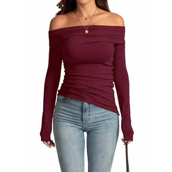 Women'S Off Shoulder Tops Dressy Long Sleeve Asymmetrical Slim Fit Going Out Fall Blouse Ruched Shirts Wine Red L