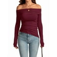 thumbnail image 1 of Women'S Off Shoulder Tops Dressy Long Sleeve Asymmetrical Slim Fit Going Out Fall Blouse Ruched Shirts Wine Red S, 1 of 5