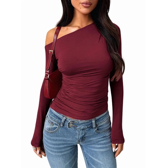 Women'S Off Shoulder Tops Dressy Long Sleeve Asymmetrical Slim Fit Going Out Fall Blouse Ruched Shirts Wine Red XL