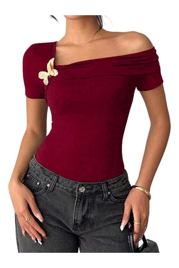 Women'S Off Shoulder Tops Going Out Shirts Spring Cap Sleeve Ruched Asymmetrical Blouses Wine Red XL