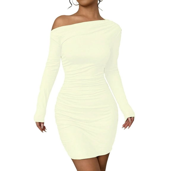 Women'S Off-The-Shoulder Long-Sleeved Ruffled Bodycon Cocktail Mini Dress Apricot S