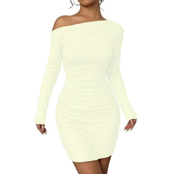 Women'S Off-The-Shoulder Long-Sleeved Ruffled Bodycon Cocktail Mini Dress Apricot M