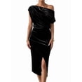 thumbnail image 1 of Women'S Off the Shoulder Asymmetrical Velvet Midi Dress Short Sleeve Ruched Elegant Party Dresses Black L, 1 of 8