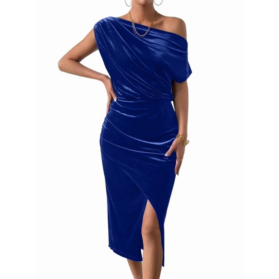 Women'S Off the Shoulder Asymmetrical Velvet Midi Dress Short Sleeve Ruched Elegant Party Dresses Blue XL