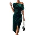 thumbnail image 1 of Women'S Off the Shoulder Asymmetrical Velvet Midi Dress Short Sleeve Ruched Elegant Party Dresses Green L, 1 of 8