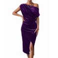 thumbnail image 1 of Women'S Off the Shoulder Asymmetrical Velvet Midi Dress Short Sleeve Ruched Elegant Party Dresses Purple XL, 1 of 8