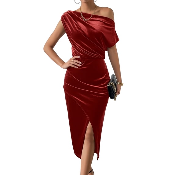 Women'S Off the Shoulder Asymmetrical Velvet Midi Dress Short Sleeve Ruched Elegant Party Dresses Wine Red M