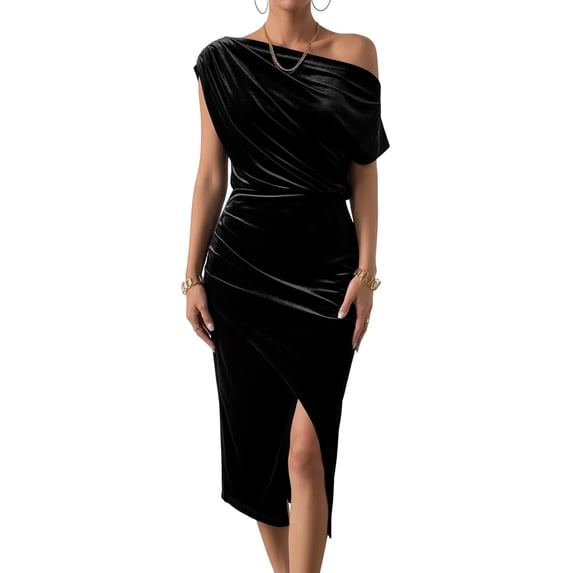 Women'S Off the Shoulder Asymmetrical Velvet Midi Dress Short Sleeve Ruched Elegant Party Dresses