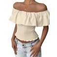 thumbnail image 1 of Women'S Off the Shoulder Blouse Ruffle Short Sleeve Smocked Going Out Crop Tops Apricot S, 1 of 9