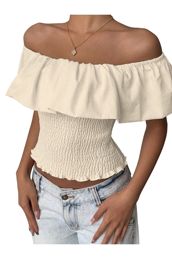 Women'S Off the Shoulder Blouse Ruffle Short Sleeve Smocked Going Out Crop Tops Apricot S