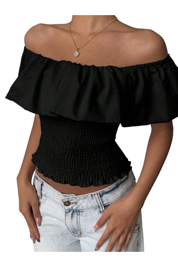 Women'S Off the Shoulder Blouse Ruffle Short Sleeve Smocked Going Out Crop Tops Black L