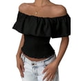 thumbnail image 1 of Women'S Off the Shoulder Blouse Ruffle Short Sleeve Smocked Going Out Crop Tops Black S, 1 of 10