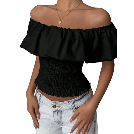 Women'S Off the Shoulder Blouse Ruffle Short Sleeve Smocked Going Out Crop Tops Black S