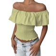thumbnail image 1 of Women'S Off the Shoulder Blouse Ruffle Short Sleeve Smocked Going Out Crop Tops Green L, 1 of 9