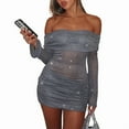 thumbnail image 1 of Women'S Off-the-Shoulder Bodycon Mesh Sheer Ruffled Shiny Flared Long Sleeves Y2K Club Night Out Dress Grey XS, 1 of 8