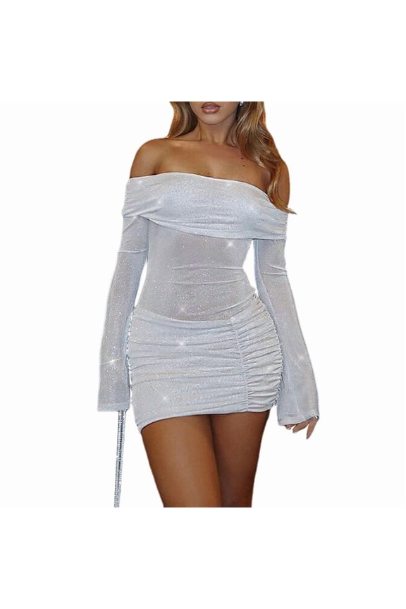 Women'S Off-the-Shoulder Bodycon Mesh Sheer Ruffled Shiny Flared Long Sleeves Y2K Club Night Out Dress Milky M