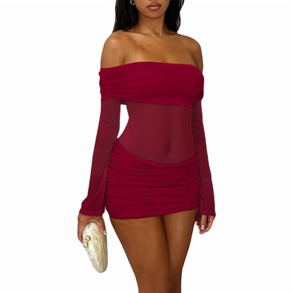 Women'S Off-the-Shoulder Bodycon Mesh Sheer Ruffled Shiny Flared Long Sleeves Y2K Club Night Out Dress
