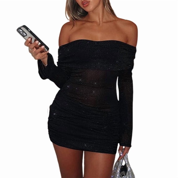 Women'S Off-the-Shoulder Bodycon Mesh Sheer Ruffled Shiny Flared Long Sleeves Y2K Club Night Out Dress