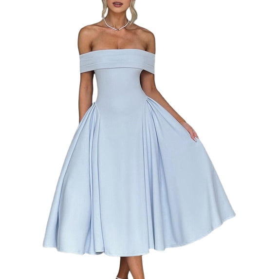 Women'S Off the Shoulder Cocktail Maxi Dress Sleeveless Casual A Line Elegant Flowy Formal Dresses Light Blue S