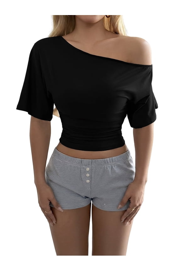 Women'S Off the Shoulder Crop Top Ruched Short Sleeve Asymmetrical Y2K Going Out T Shirt