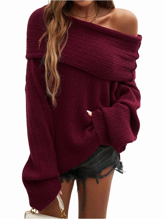 Women'S Off the Shoulder Elegant Solid Color Long Sleeve Sweater Top Chic Casual Pullover Wine Red S