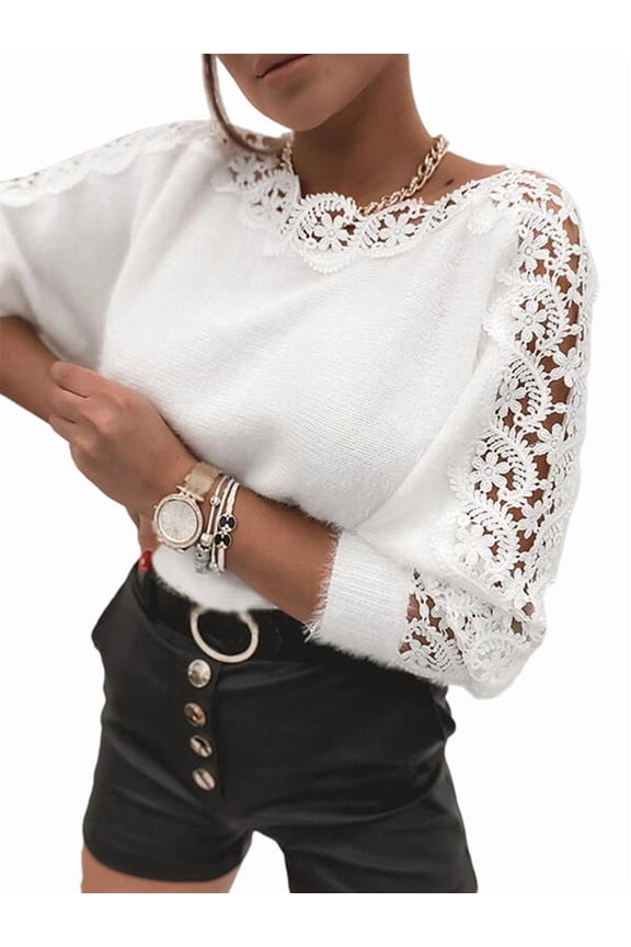 Women'S Off-the-Shoulder Lace-Trimmed Long-Sleeve Knit Sweater, Solid Color Knit Top White M