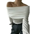 thumbnail image 1 of Women'S Off the Shoulder Long Sleeve Bodysuit Slimming Body Suit Tops Sheer Mesh Ruched Outfits White L, 1 of 8