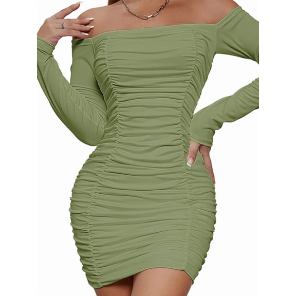 Women'S Off the Shoulder Long Sleeve Ruched Bodycon Dress Bustier Wrap Mini Dress Bean Green S