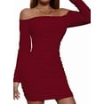 thumbnail image 1 of Women'S Off the Shoulder Long Sleeve Ruched Bodycon Dress Bustier Wrap Mini Dress Wine Red S, 1 of 9