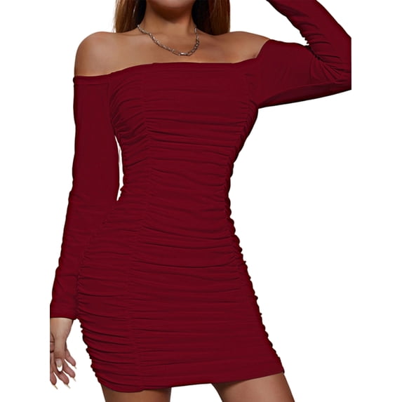 Women'S Off the Shoulder Long Sleeve Ruched Bodycon Dress Bustier Wrap Mini Dress Wine Red S