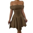 thumbnail image 1 of Women'S Off the Shoulder Mini Dress Ruffle Hem Ruched Corset Short Cocktail Party Dresses Brown S, 1 of 9