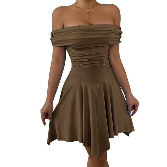 Women'S Off the Shoulder Mini Dress Ruffle Hem Ruched Corset Short Cocktail Party Dresses Brown S