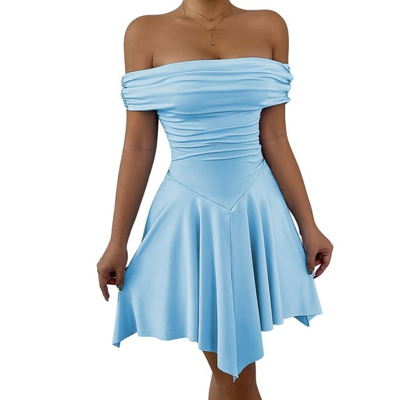 Women'S Off the Shoulder Mini Dress Ruffle Hem Ruched Corset Short Cocktail Party Dresses Light Blue XS