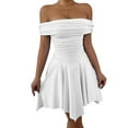 thumbnail image 1 of Women'S Off the Shoulder Mini Dress Ruffle Hem Ruched Corset Short Cocktail Party Dresses White XS, 1 of 9