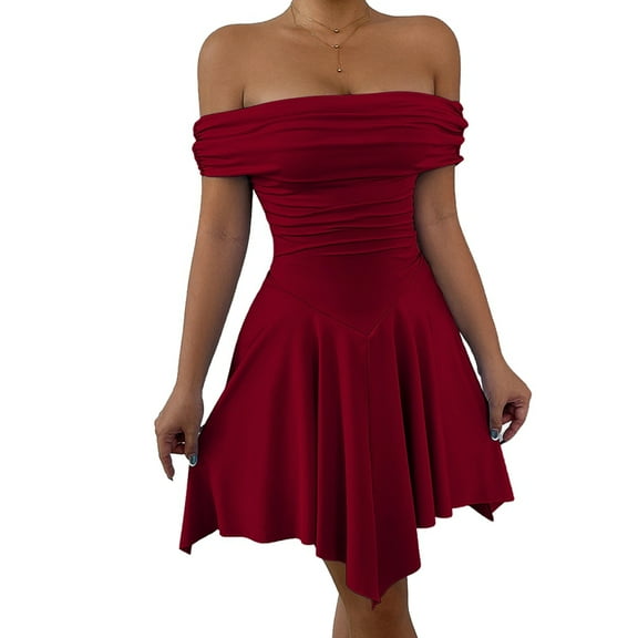 Women'S Off the Shoulder Mini Dress Ruffle Hem Ruched Corset Short Cocktail Party Dresses Wine Red XS