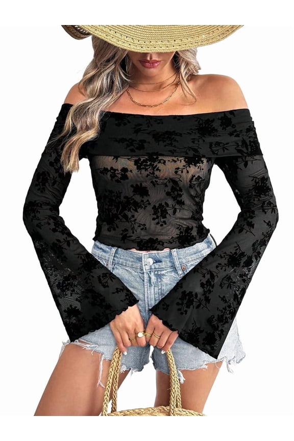 Women'S Off the Shoulder Renaissance Tops Sleeve Floral Fairycore Mesh Crop Tops