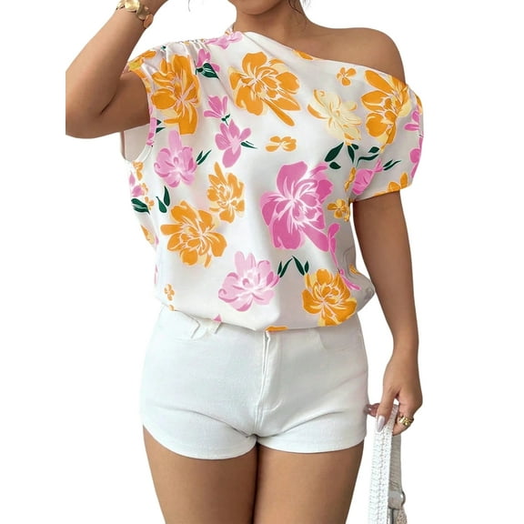 Women'S Off the Shoulder Short Sleeve Tops Ruched Floral Print Summer Blouse Orange Color L