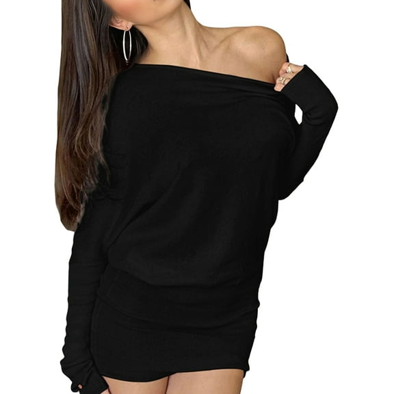 Women'S Off the Shoulder Sweater Dress Casual Long Sleeve Knit Slim Fit Pullover Mini Dresses Black L