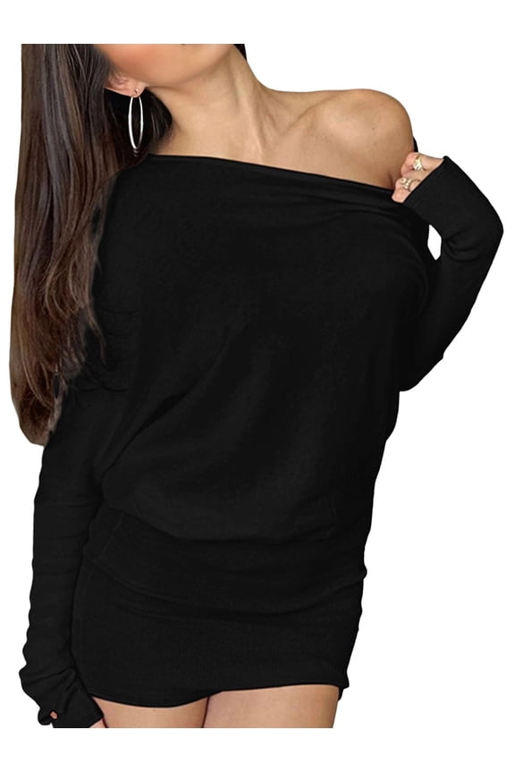 Women'S Off the Shoulder Sweater Dress Casual Long Sleeve Knit Slim Fit Pullover Mini Dresses Black L