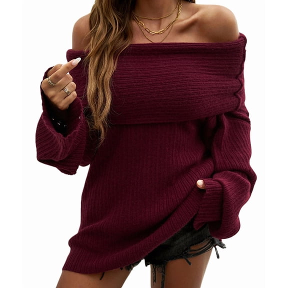 Women'S Off the Shoulder Sweater Oversized Batwing Sleeve Loose Pullover Sweaters Tops Wine Red L