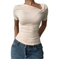 thumbnail image 1 of Women'S Off the Shoulder Tops Bo-W Y2k T Shirt Short Sleeve Fitted Summer Tee Cream White S, 1 of 7